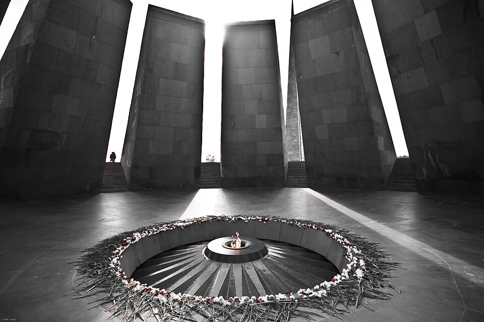 The eternal flame at the Tsitsernakaberd Armenian Genocide Memorial, ringed with flowers