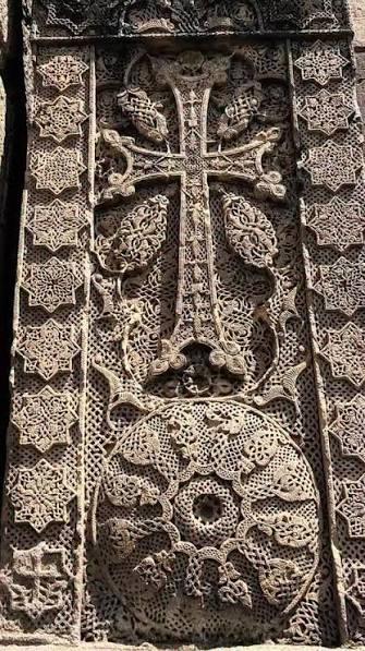 A finely carved Armenian khachkar cross-stone with intricate lacework patterns